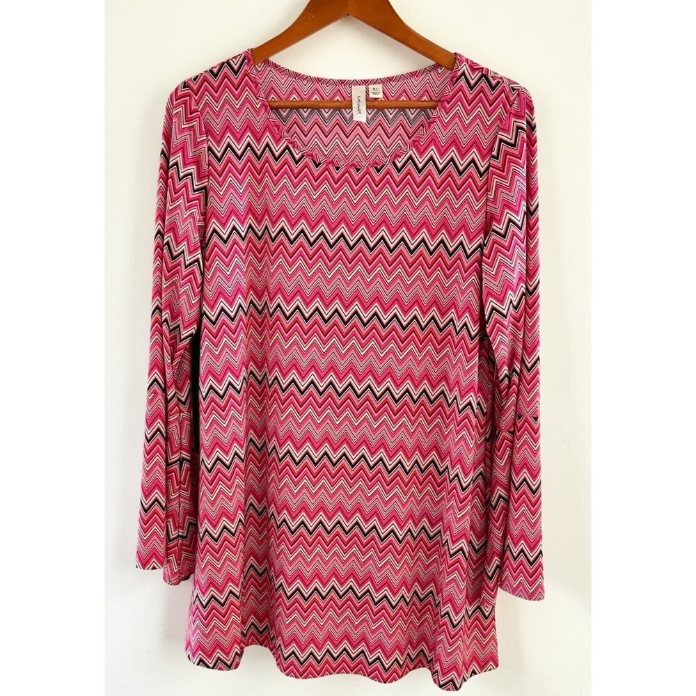 Tacera Pink Chevron Stripes Long Sleeve Shirt Size XL Tunic Flowy Pullover
